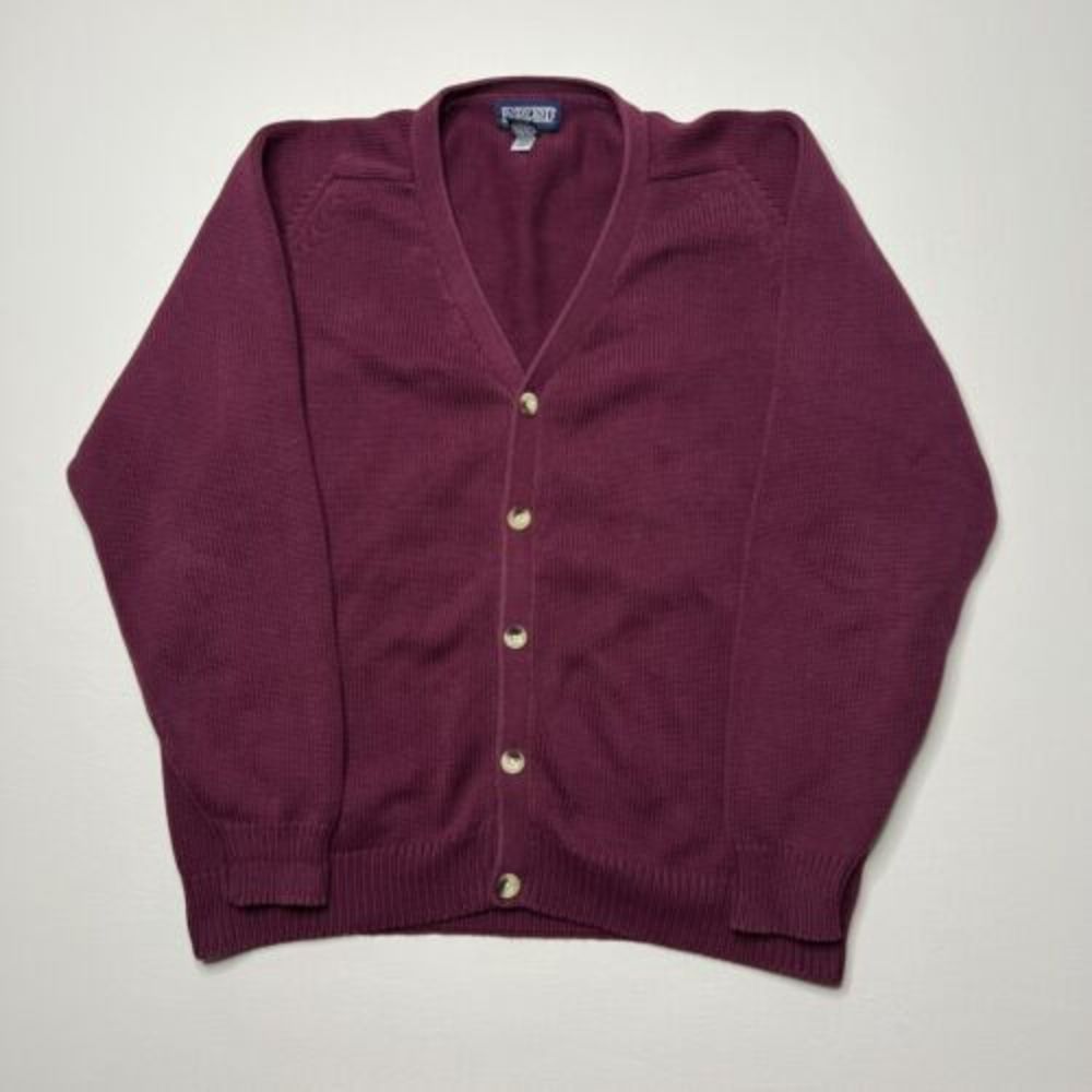 Lands End Cardigan Sweater Maroon Red Heavy Knit Size Large Y2K Grandpa